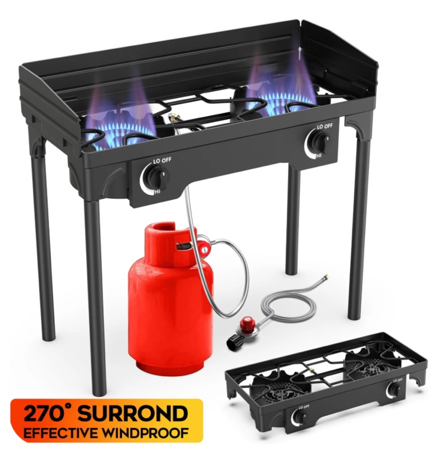 LNOW Gas Cooker Outdoor Propane Camping Stove with Wind Panel Picnic Stove Stand BBQ Grill Portable 150000 BTU Gas Stove 2 Burner for Camping