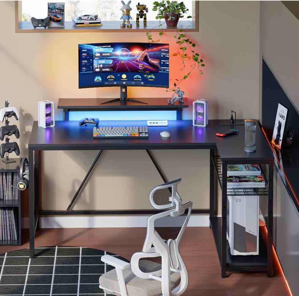 bestier 52" gaming desk with led lights l shaped desk with power outlet & monitor stand corner computer desk in carbon fiber