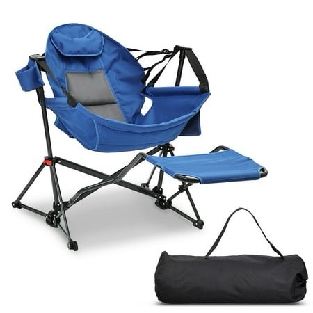 ainfox foldable portable rocking camping chairs with footrest cup holder pillow blue