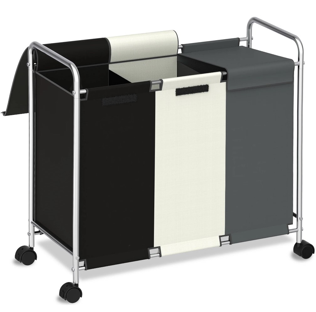nefoso 3 section laundry hamper with lid and wheels, 150l large laundry basket sorter cart with handle, clothes storage, multicolor