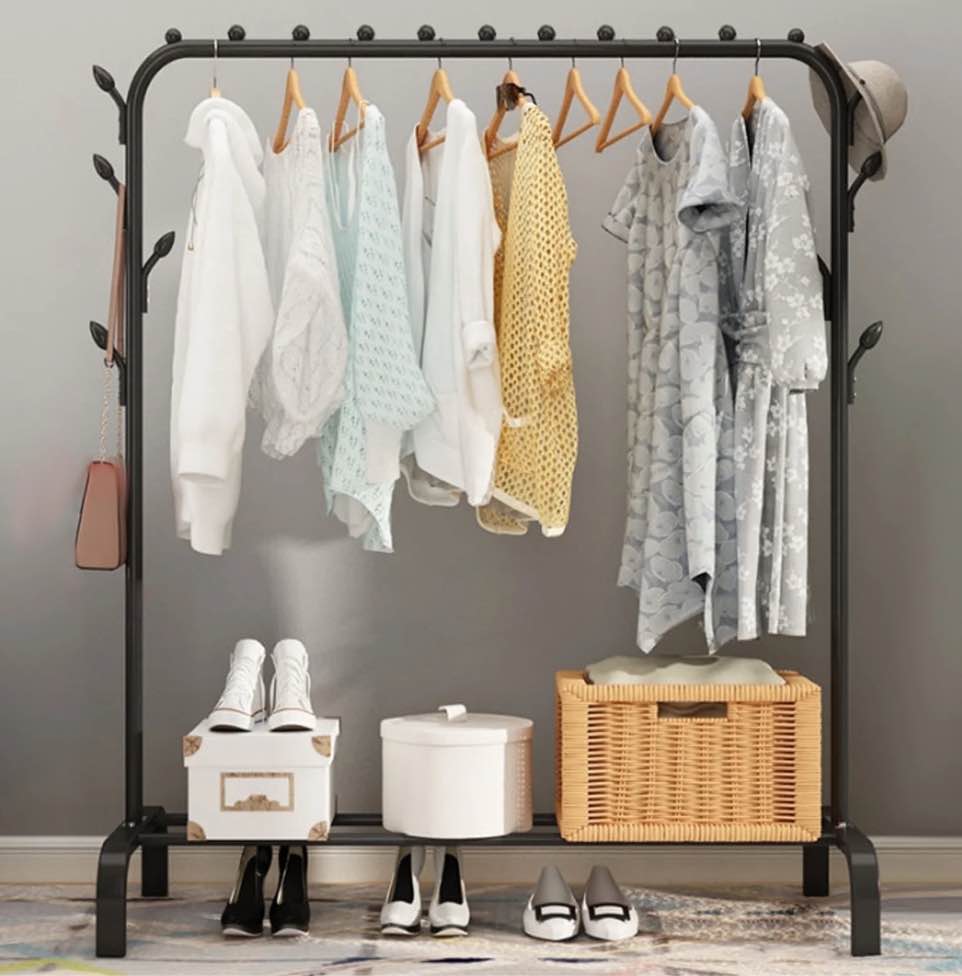 clothing garment rack,double rails closet clothes rack with bottom shelves and 4 hooks,freestanding clothes organizer rack for hanging clothes black