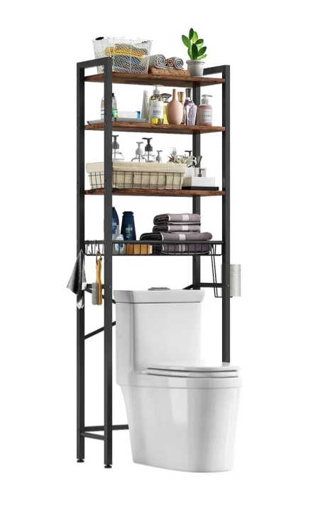 biemlerfn over the toilet storage shelf, 4-tier wooden bathroom organizer adjustable saver space rack with toilet paper holder, vintage brown