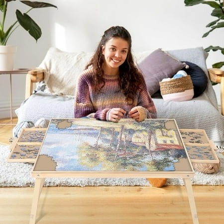 1500 piece puzzle board with folding legs and 2 sliding drawers,34" x 26" wooden jigsaw puzzle table,wood puzzle tray for adults