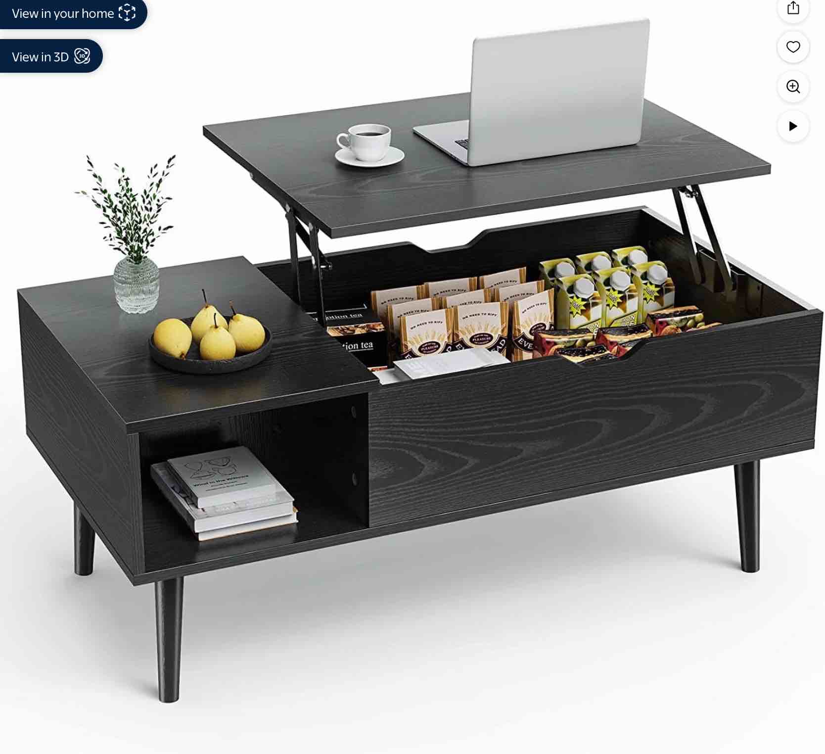 edx wooden lift top coffee table with hidden compartments and adjustable shelves - ideal for small homes, apartments, reception rooms, black grain