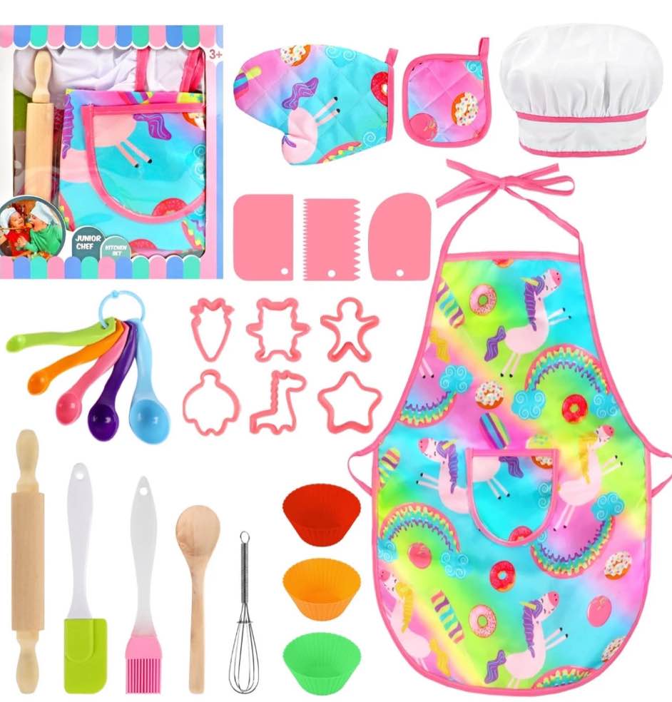 UQN Cute Kids Cooking and Baking Sets, 25Pc Kids Baking Sets with Kids Chef Hat and Unicorn Apron for Girls Toddler Dress Up, Chef Costume Birthday Gifts for 3 4 5 6 7 8 Years Old Girls