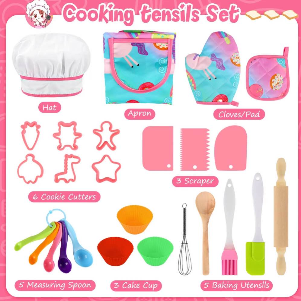 uqn cute kids cooking and baking sets, 25pc kids baking sets with kids chef hat and unicorn apron for girls toddler dress up, chef costume birthday gifts for 3 4 5 6 7 8 years old girls