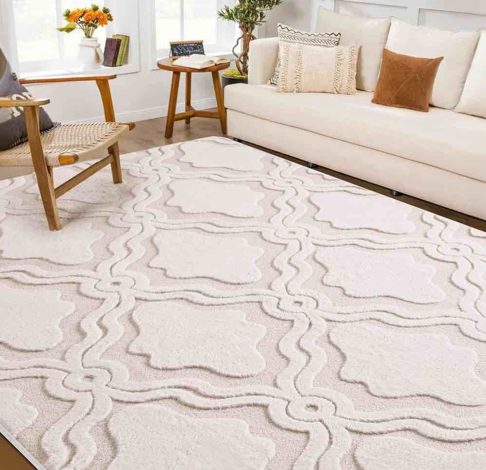 Nefoso Shag Area Rug, 8ft x 10ft Washable Area Rugs for Living Room Bedroom Decor, Non-Slip Carpet, Modern Geometric, Beige & Apricot