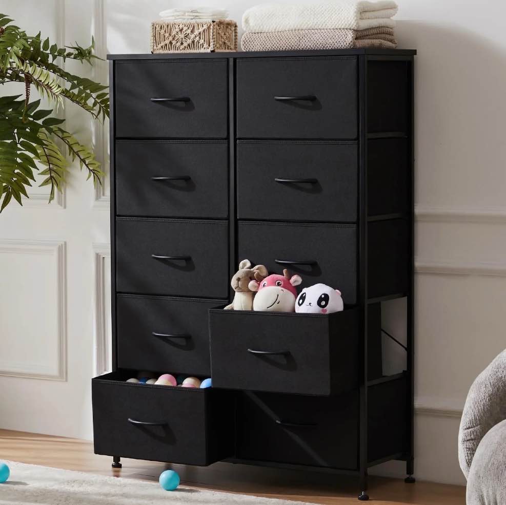 ZUNMOS 10 Drawer Fabric Dresser for Bedroom, Chest of Drawer Organizer Storage Cabinet for Closet, Entryway, Black