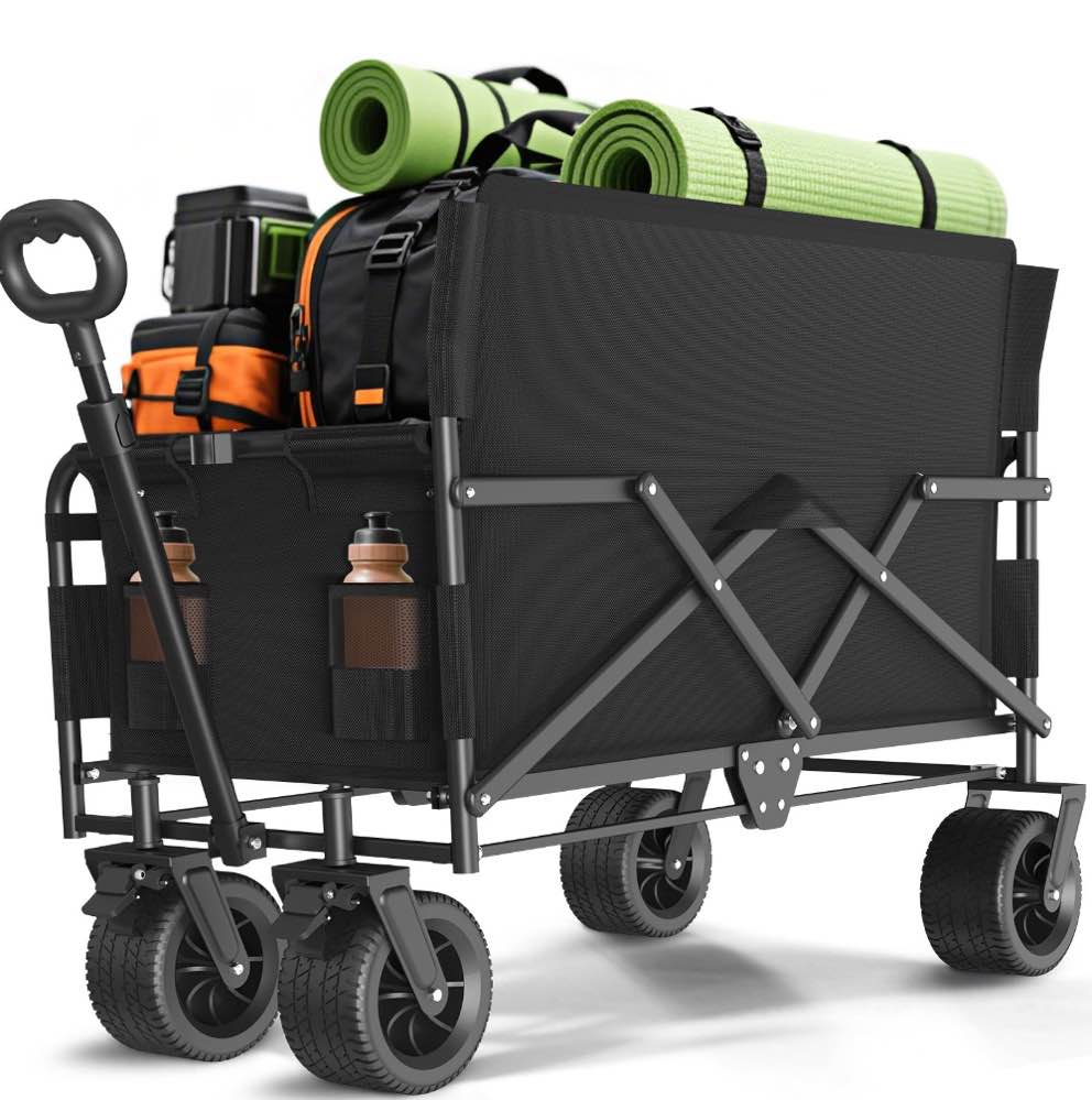 GVDV Heavy Duty Folding Wagon with Bench Seat – 550lbs/220L Large Collapsible Cart for Beach, Camping, Shopping, Tailgating, Sports & Groceries, Black