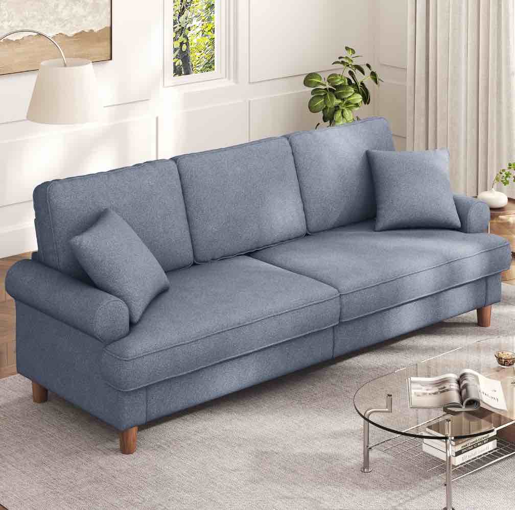 87" Sofa Couch, Comfy Extra Deep Seat 3 Seater Couch for Living Room with Soft Upholstered Round Arms,Free 2 Pillows,Grey