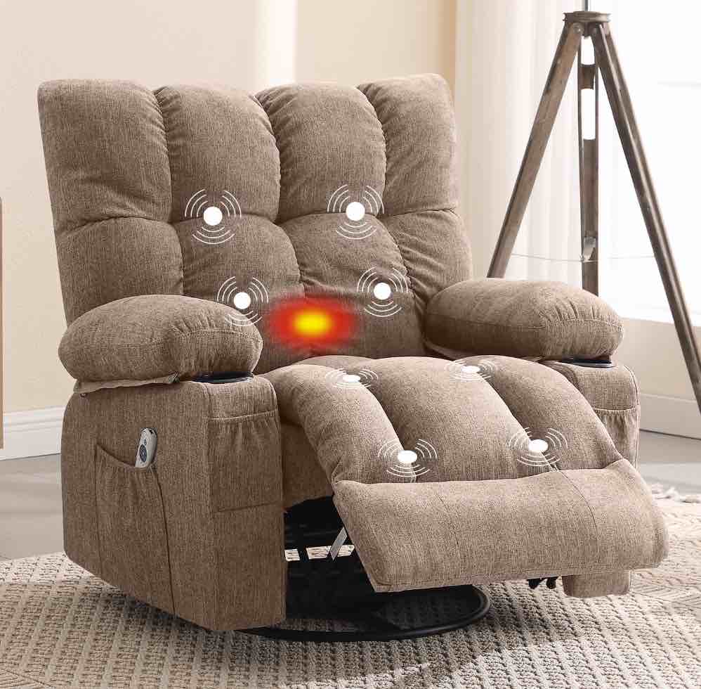 JONPONY Massage Rocker Recliner Chair with Vibration Massage and Heat Ergonomic Lounge Chair for Living Room with Rocking Function and Side Pocket, 2 Cup Holders, USB Charge Port,Brown