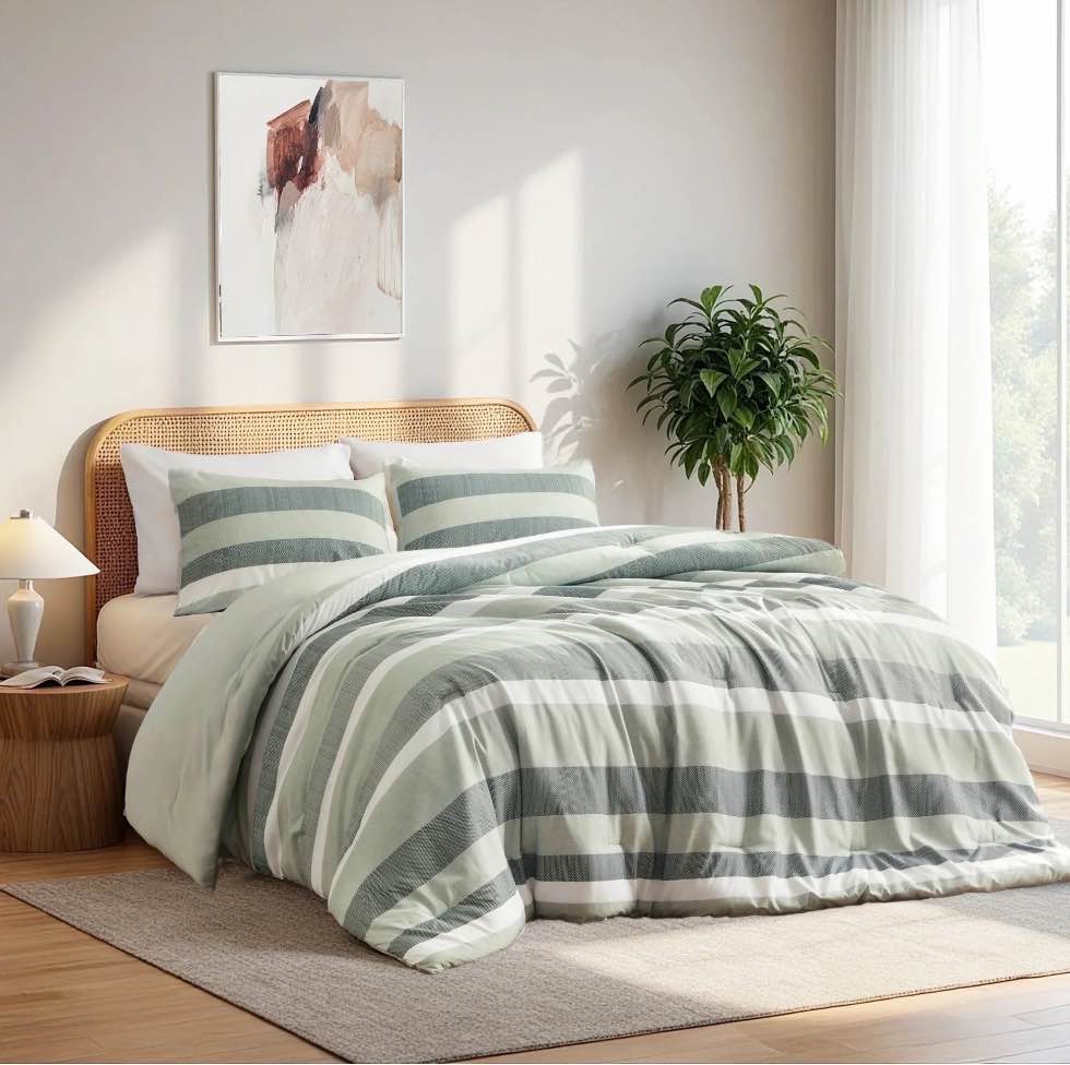 Regency Heights Full/Queen Comforter Sets, Reversible Striped Comforter Set for Dorm Bedding, 3 Piece Lightweight All Season Sage Green Comforter Bed Set with Pillow Shams