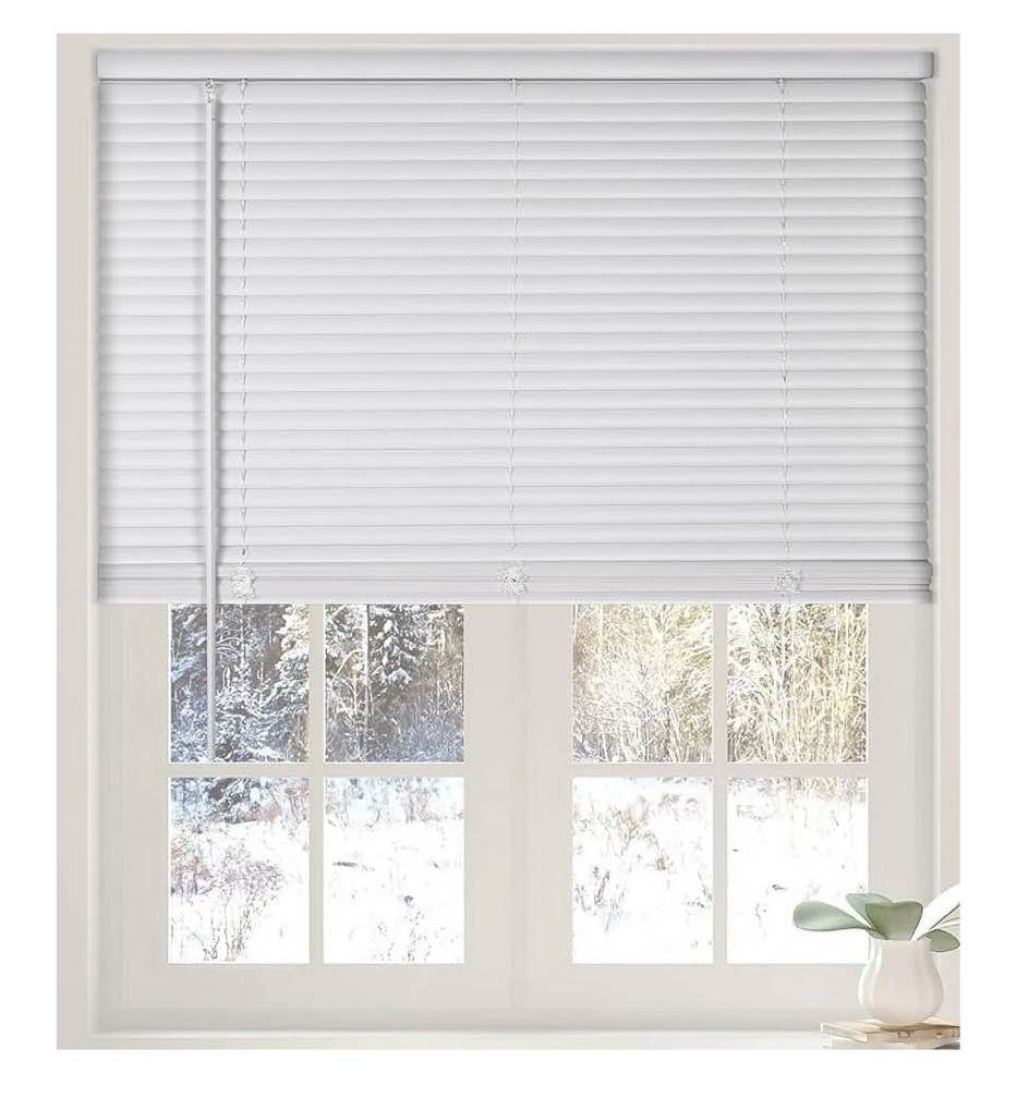 Calyx Interiors Cordless White 1” Light Filtering Mini Blinds 28.5"W x 60"H Window Blinds for Home, Vinyl horizontal blinds for indoor windows