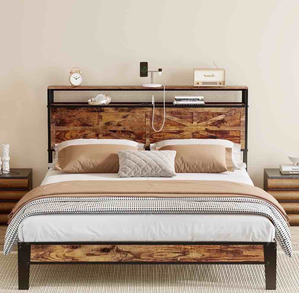Behost Queen Bed Frame with Wooden Storage Headboard, Power Outlets Metal Queen Beds, Vintage Brown