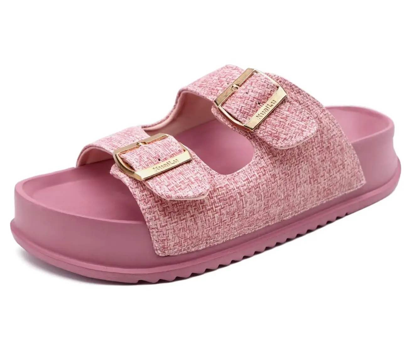 KuaiLu Womens Sandals with Arch Support Comfortable Orthopedic Cushion Recovery Slides Summer Fashion Leather Double Buckle Casual Slip On Plantar Fasciitis Sandals for Indoor&Outdoor Pink 9