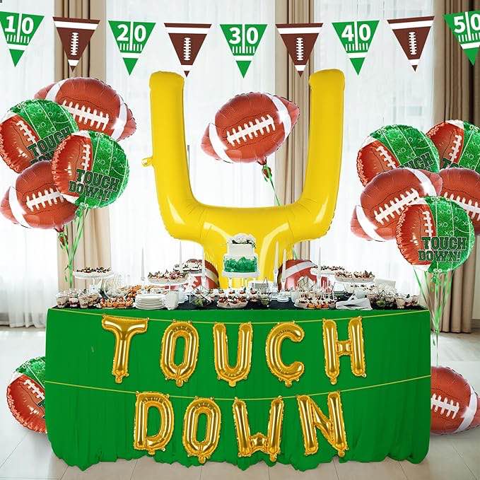 Football Party Supplies Kit - Touchdown Letter Balloon, Goal Post & Football Shaped Foil Balloons, Round 'Touchdown!' Foil Balloons, and Banner for Birthday, Game day, Tailgate Party Decorations