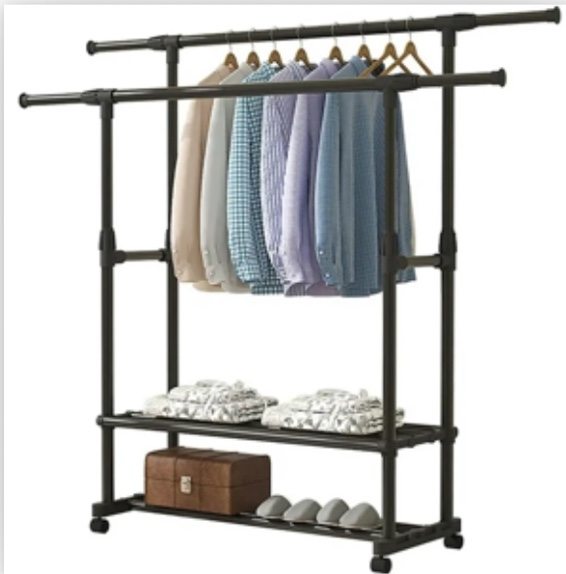 SUSUZI Double Rails Clothing Garment Rack Portable Adjustable Clothes Rack with 4 Universal Wheels Standard Metal Rolling Clothes Organizer, Black
