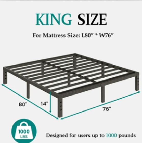 FSCHOS 14 Inch King Size Bed Frame, Heavy Duty Metal Platform, No Box Spring Needed, Easy Assembly, Black
