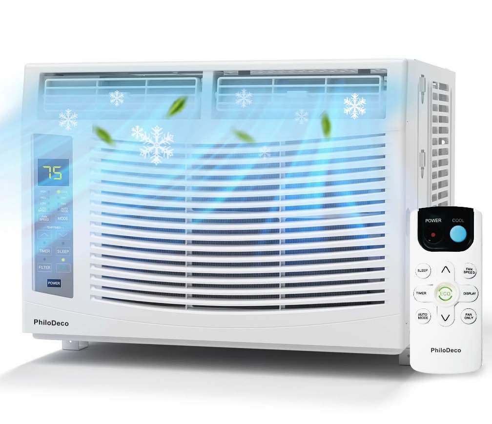 PhiloDeco 6000 BTU Window Air Conditioner Cool to 250 sq ft Intelligent, LED,Remote Control, Easy to Clean Filter Screen, Can Be Used as a Dehumidifier/Fan, Operates Quietly, and is Energy-Saving