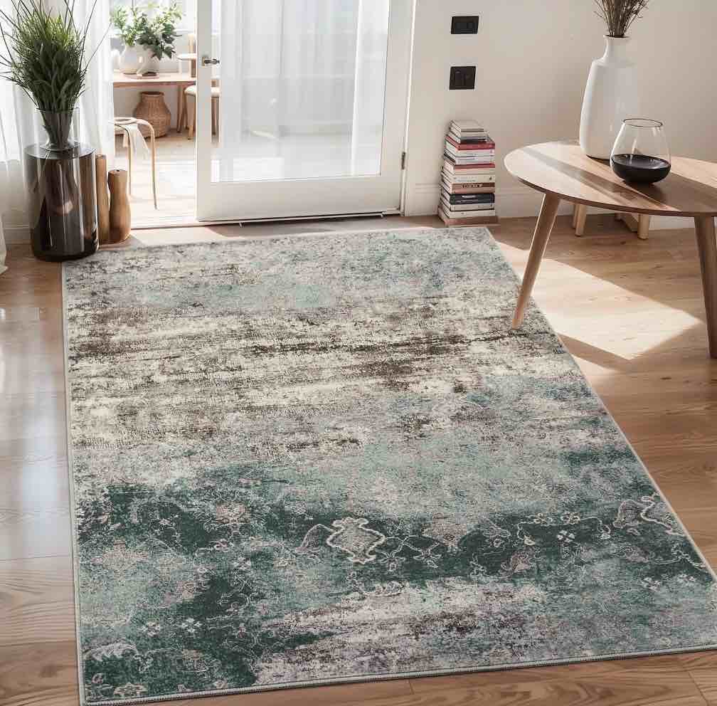 VUNATE 3'x5' Area Rugs for Living Room Machine Washable Rugs Abstract Vintage Distressed Indoor Rug Carpet Soft Lightweight Area Rug for Bedroom Dining Room Kitchen Foldable Nonslip Rug Teal