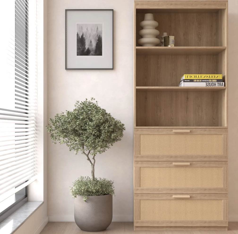 Ktaxon Bookcase, 71" H Bookshelf with 3 Rattan Drawers and Adjustable Shelves, Farmhouse Storage Cabinet for Bedroom, Office, Living Room, Study, Brown