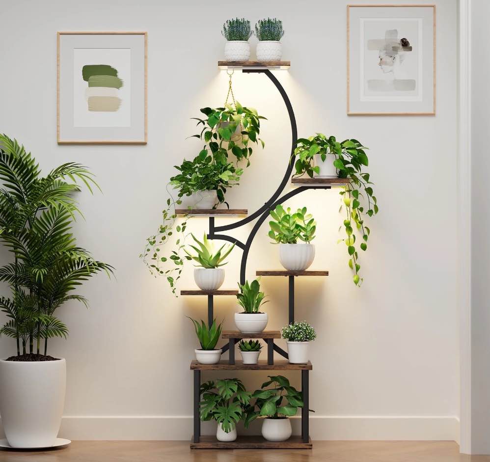 Mr IRONSTONE 62" Indoor Plant Stand with Grow Lights, 8-Tier S-Shaped Metal Plant Shelf for Home, Full-Spectrum Timer Lighting, Rust-Resistant Flower Rack, Easy Assembly