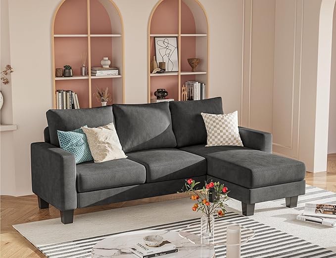 Homall Sofa for Living Room, Couch with Convertible Chaise, 3 Seat L-Shaped Sofas, Comfy Fabric Couches for Apartment, Small Space, Dark Gray  Box 1 of 2
