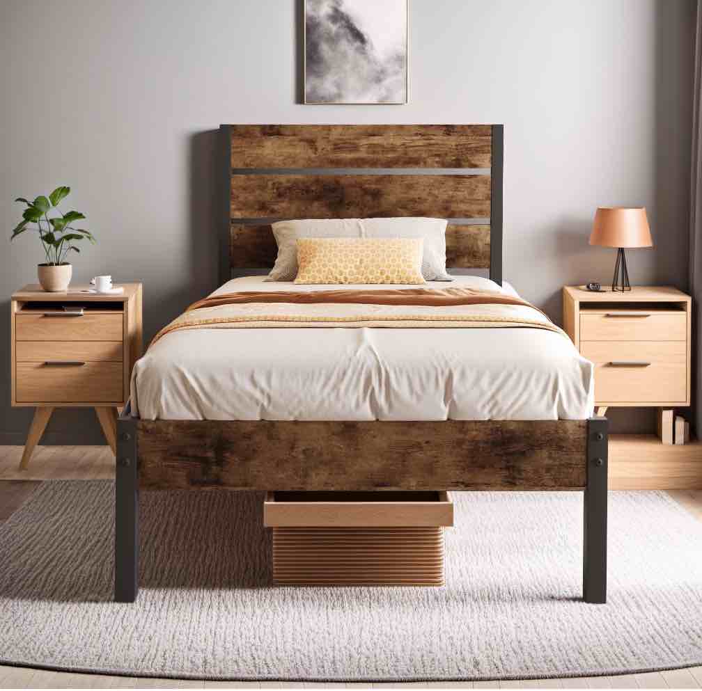 Lifezone Twin Bed Frame with Rustic Vintage Wood Headboard and Footboard,Metal Support,Rustic Brown
