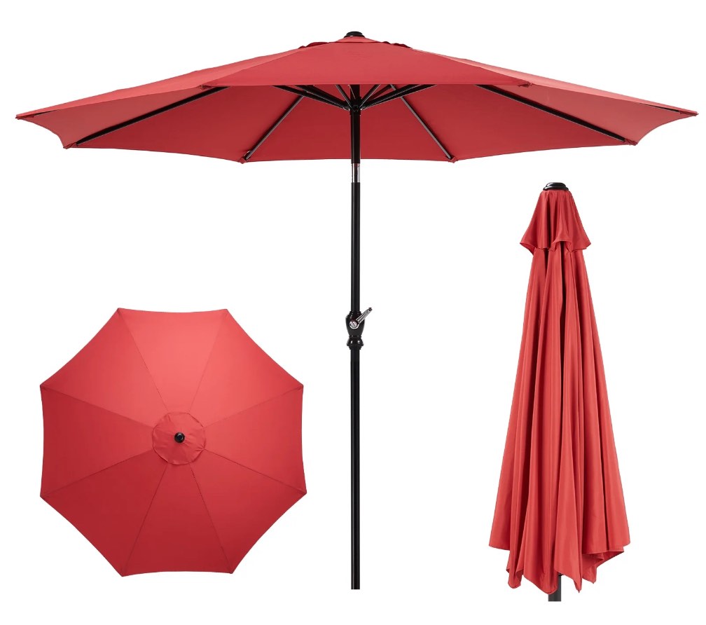 ZUNMOS 9FT Outdoor Patio Umbrella with Push Button Tilt and Crank Handle, Market Umbrella with 8 Sturdy Umbrella Ribs, UV Protection, Waterproof, Red