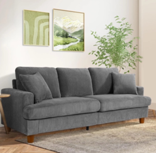 87" Corduroy Sofa,3 Seater Sofa Extra Deep Seats,Neche Comfy Upholstered Couch for Living Room,2 Pillows,Gray