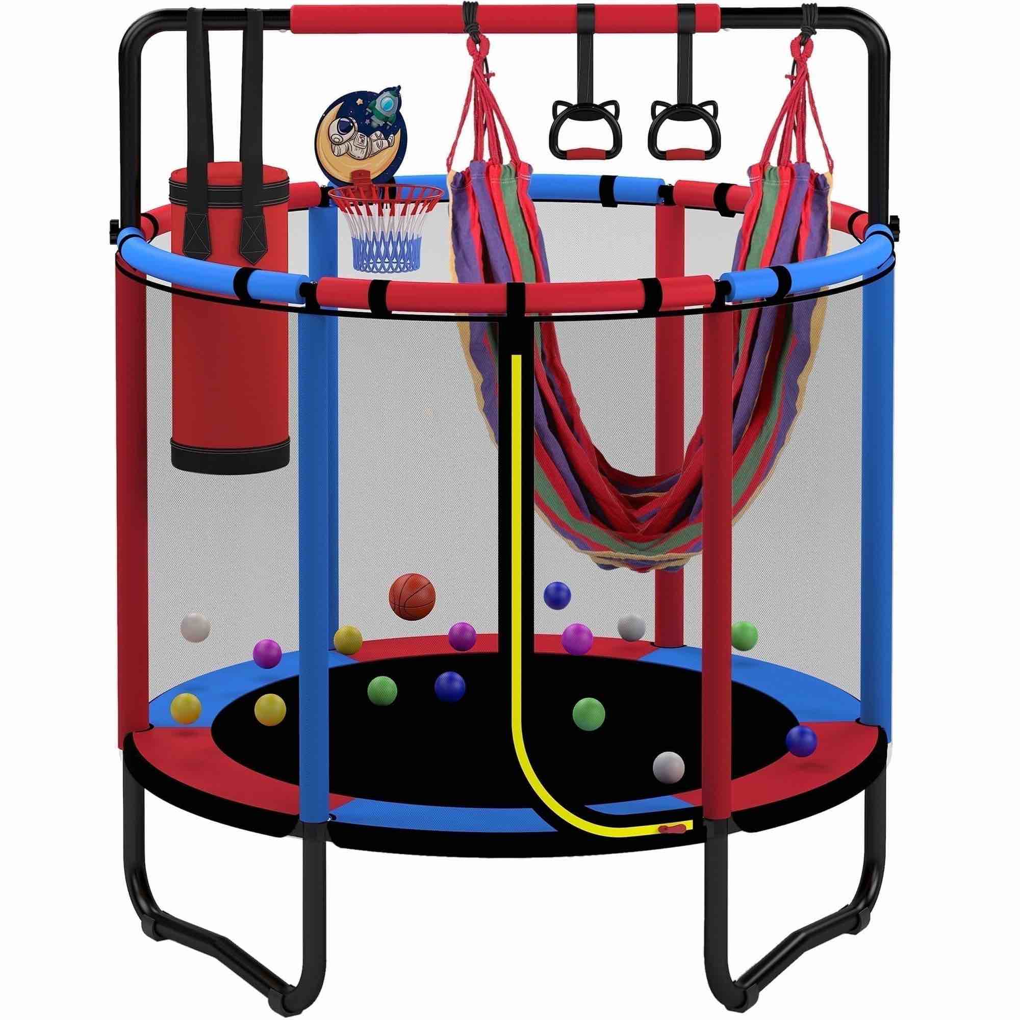 Kidsbuddy Toddler Trampoline for Kids, 60'' Toddler Mini Trampoline with Enclosure Net, Indoor Outdoor 5FT Kids Trampoline with Swing Basketball Hoop, Gifts for Boys Girls, 440LB, blue and red