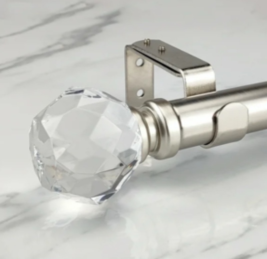 SKYPLUS LIVING 1-1/8 inch Single Window Curtain Rod with Crystal Finial Set,Adjustable72-144'' in,Silver