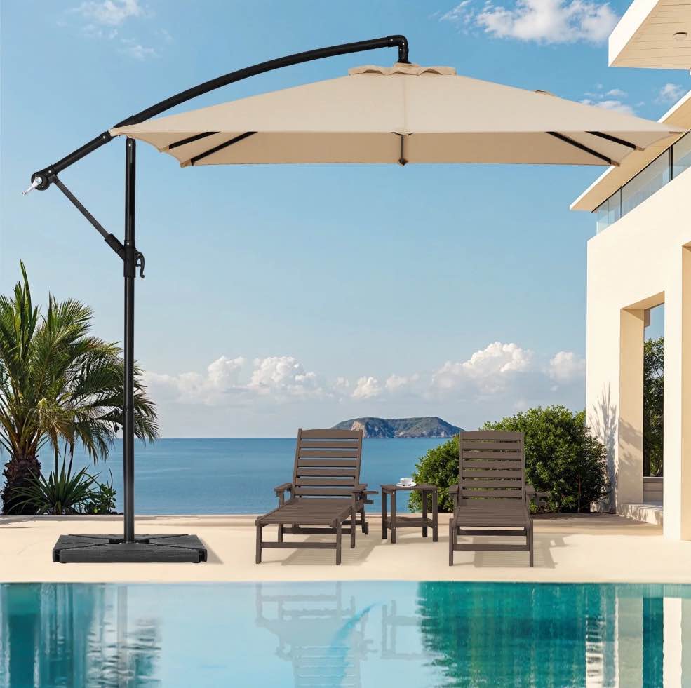 JUSTLET 8 x 8 ft Outdoor Square Hanging Offset Cantilever Umbrella for Garden  100 lbs Base Included  Beige