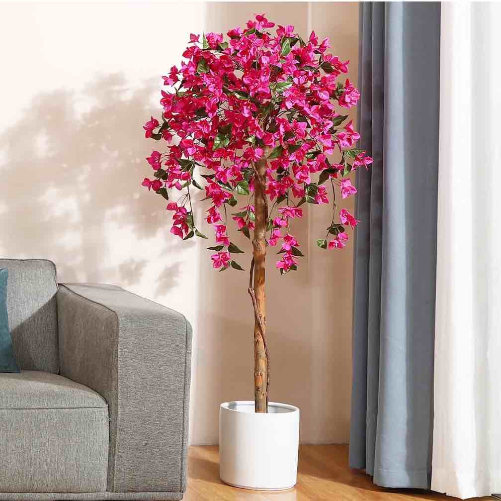 DR.Planzen 5 feet Artificial Bougainvillea Flowers Tree In Black Plastic Pot, Indoor Plants with Wood Trunk and Pink Flowers for Housewarming Decor