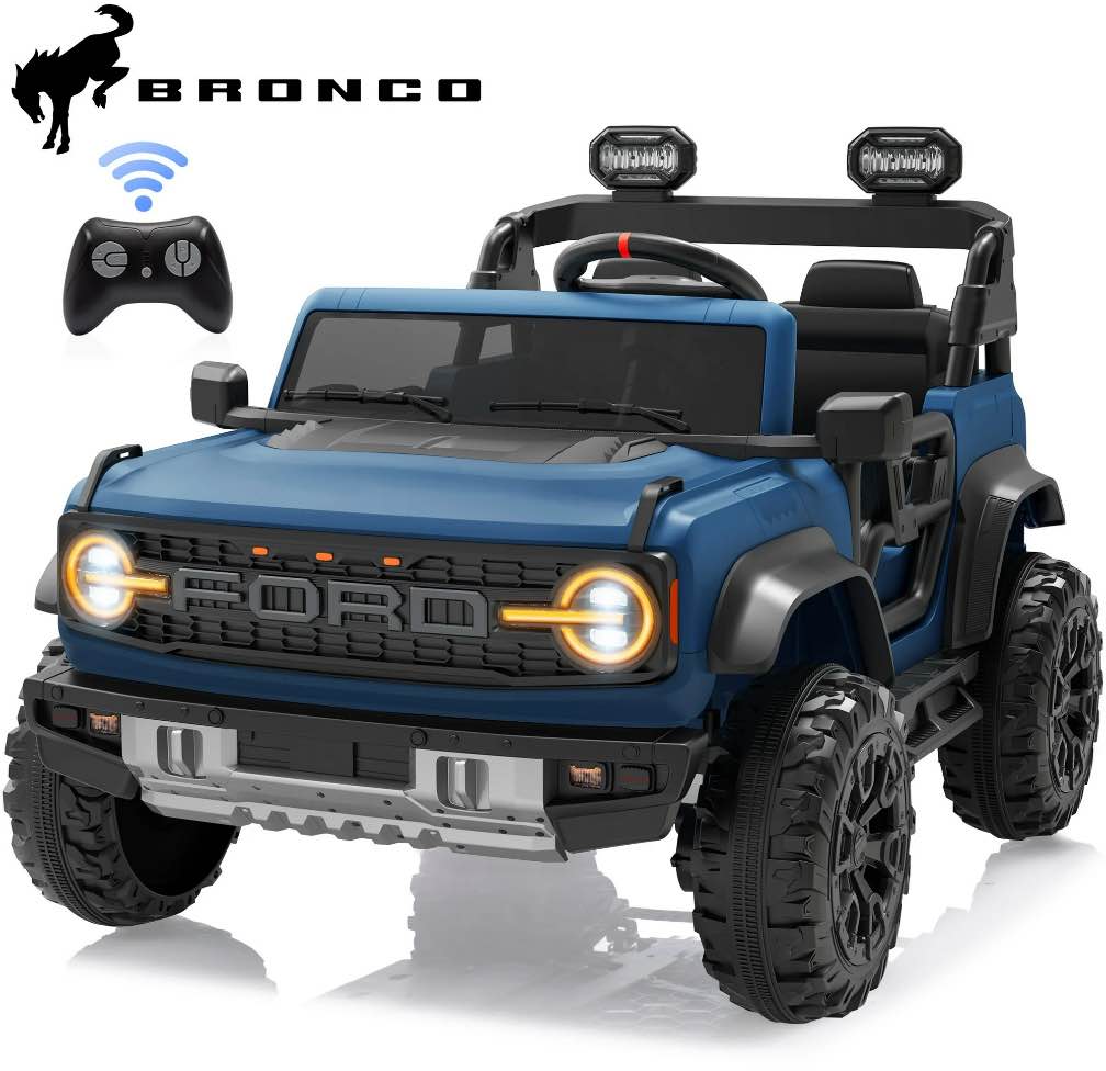 24V 2 Seater Ride on Cars for Big Kids, Licensed Ford Bronco Raptor Powered Ride on Toy Truck with Remote Control, Spring Suspension, Bluetooth, LED Light, Electric Car for Kids 3-8 Boys Girls, Blue
