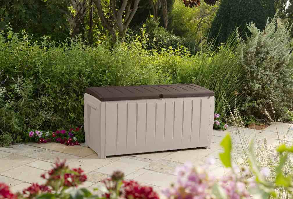 Keter Novel 90 Gallon Durable Weatherproof Resin Deck Box Organization and Storage for Outdoor Patio and Lawn  Brown