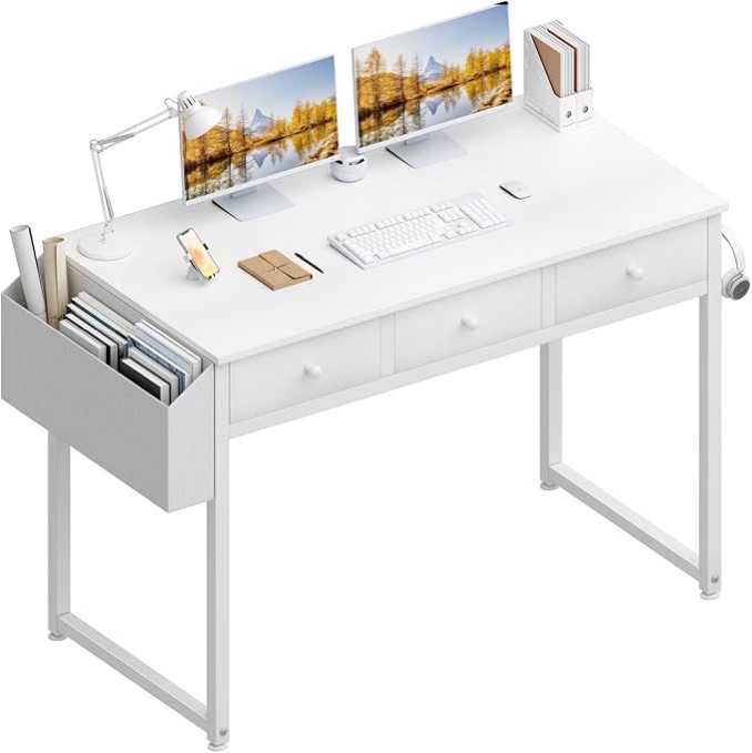 lufeiya small white computer desk with fabric drawers for home office bedroom, 40 inch vanity desk with drawer storage and side pouch, study writing table, white