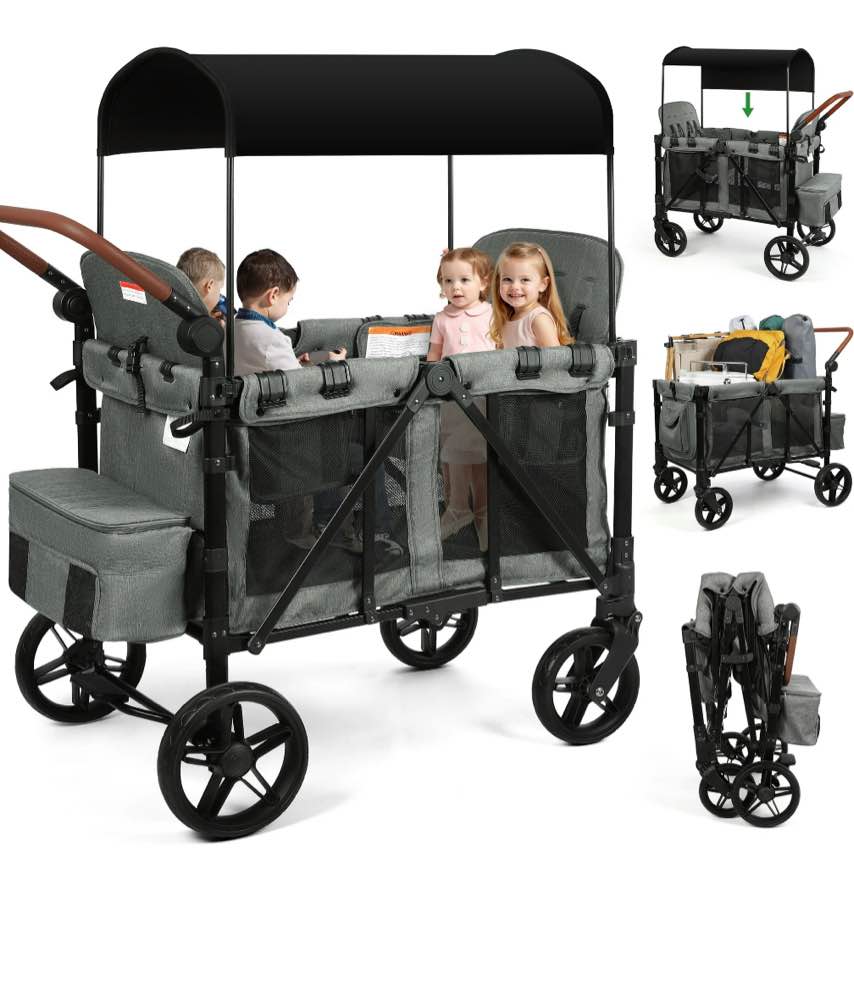 Vomeast Wagon Stroller for 4 Kids, 3-in-1 Wagon Stroller with Canopy, 5-Point Harness, Adjustable Handlebars, Removable Seat for Toddlers, Grey , Missing 2 Tires 