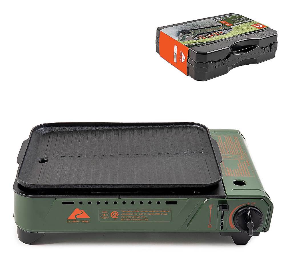 Ozark Trail 2 in 1 Butane Griddle, Green Color, 7650 BTU, Piezo-Electric 2.2kw, Cast Aluminum Griddle, Compact - Lightweight,  CSA Approved for Outdoor Cooking