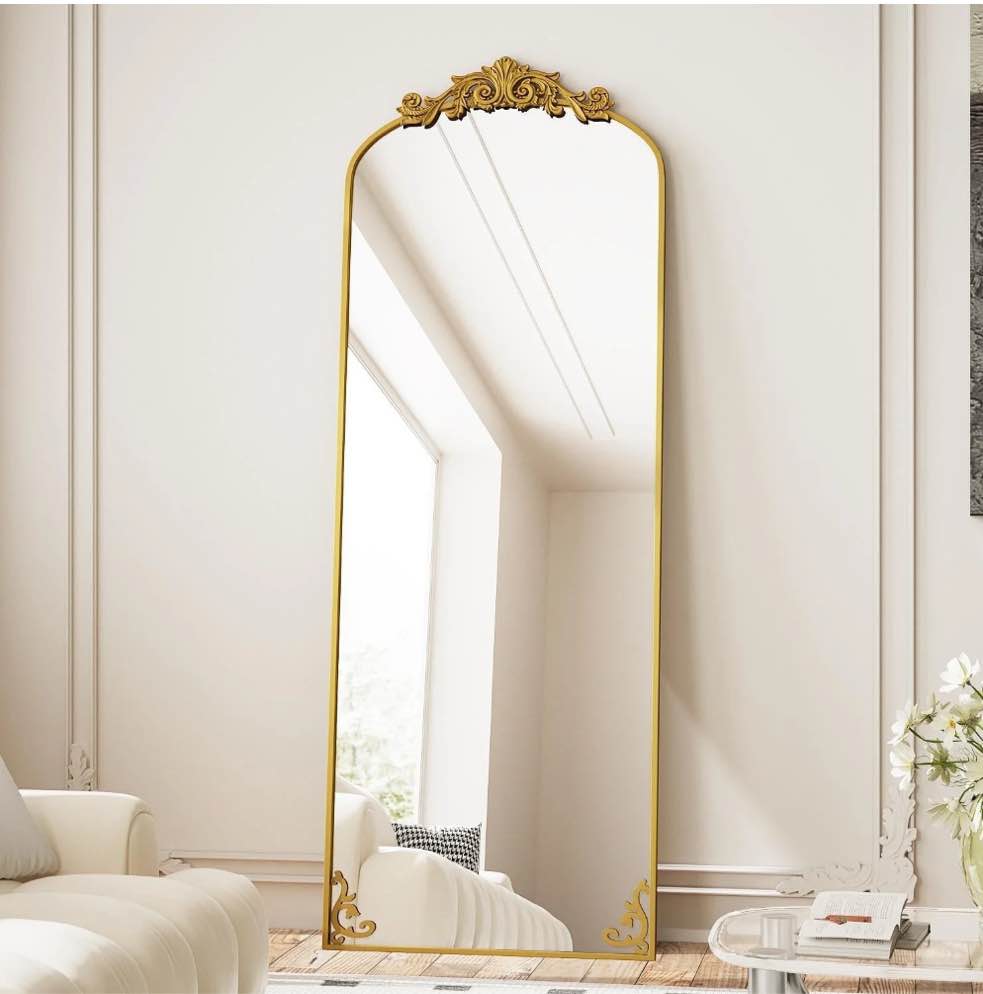 beautypeak 72"x24" full length mirror with baroque flower head design wall-mounted mirror,gold