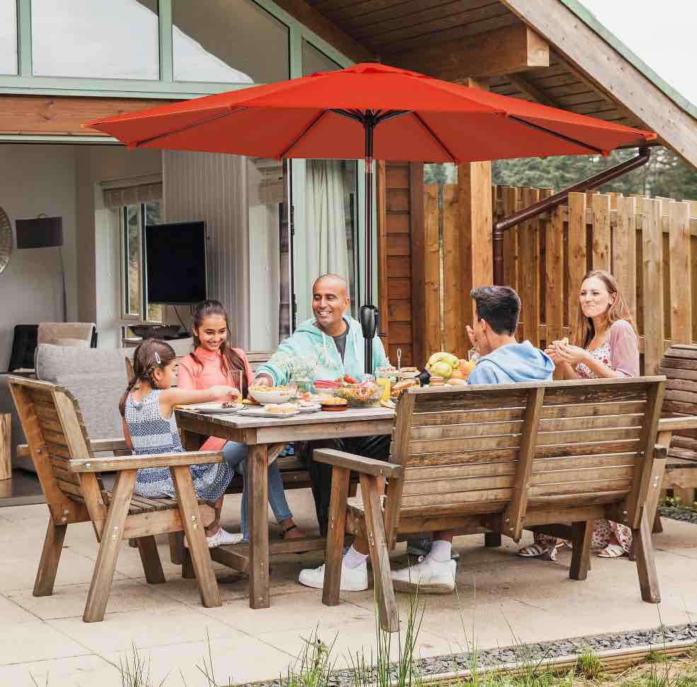sun-ray 9 ft patio umbrella w/ push button tilt and crank outdoor umbrella 8 sturdy ribs uv protection solution-dyed fabric orange