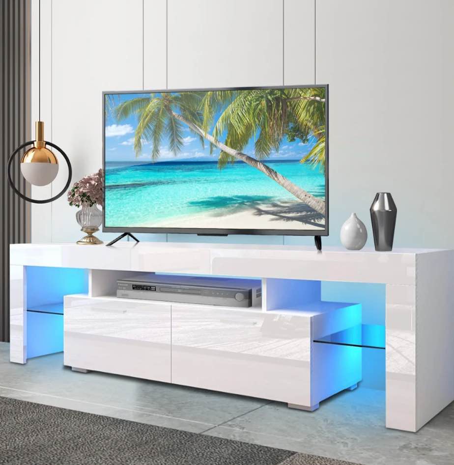 paproos tv stand for tvs up to 70", high gloss tv cabinet with led light, modern tv console table with storage drawers, media television stand entertainment center, white