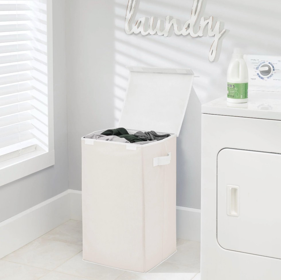 mDesign Large Upright Laundry Hamper  Hinge Lid  Attached Handles - Cream/White