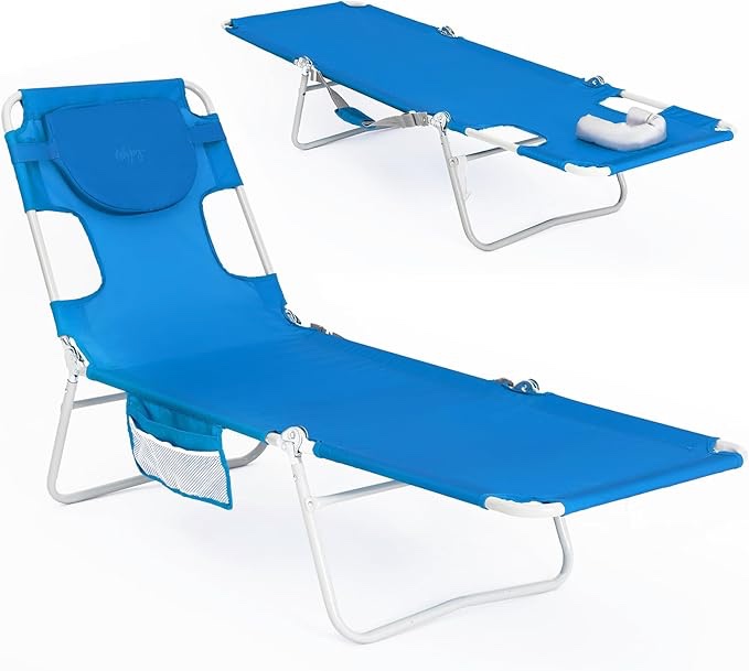 wejoy folding tanning chair with face hole, 5 positions face down beach lounge chairs with pillow for outside sunbathing poolside (blue)