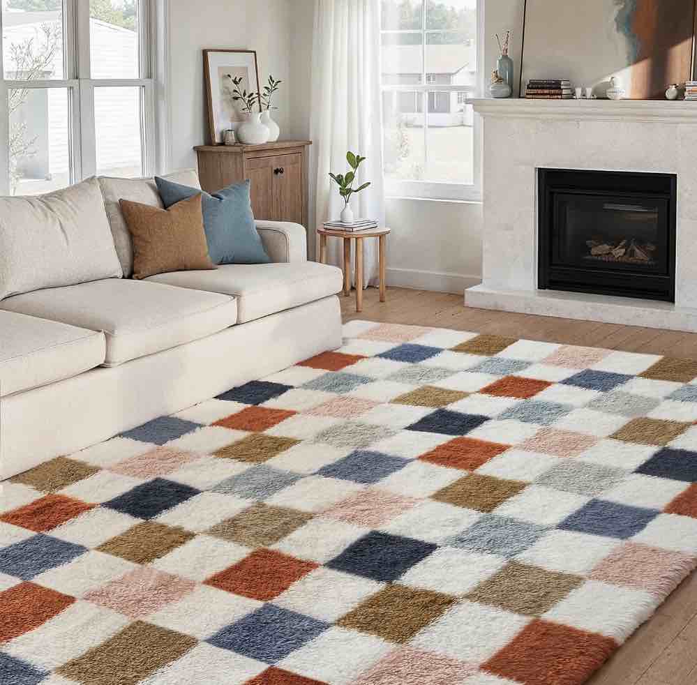 BERTHMEER 5'x8' Shag Ultra-Soft Area Rugs,Fluffy Rugs Carpets for Living Room Bedroom High-Plie Soft Checkered Rugs,Multicolor