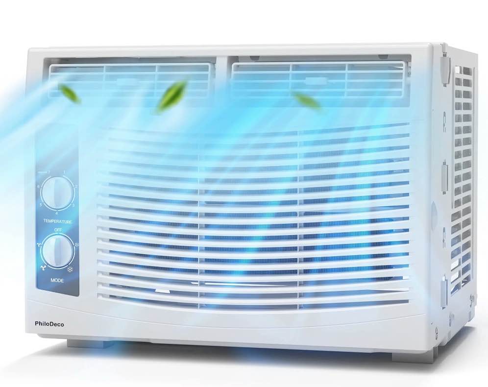 PhiloDeco 5000 BTU Window Air Conditioner Easy Cool - Capable of Cooling Up to 150 sq ft. 2 Fan Speeds, 4-Way Air Direction, Mechanical Control, Filter, for Small Room Air Conditioner, Small Ac Unit