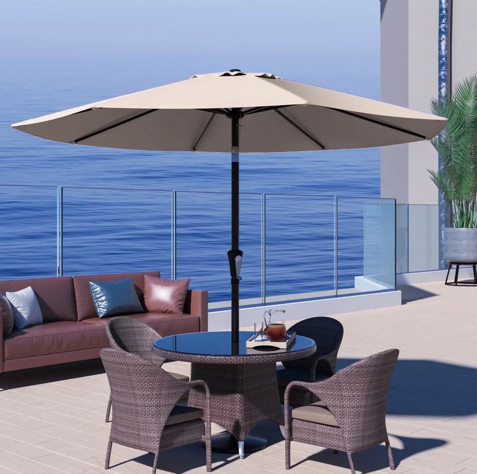 JUSTLET 9  Outdoor Market Patio Umbrella W/ Push Button Tilt And Crank  Off-White