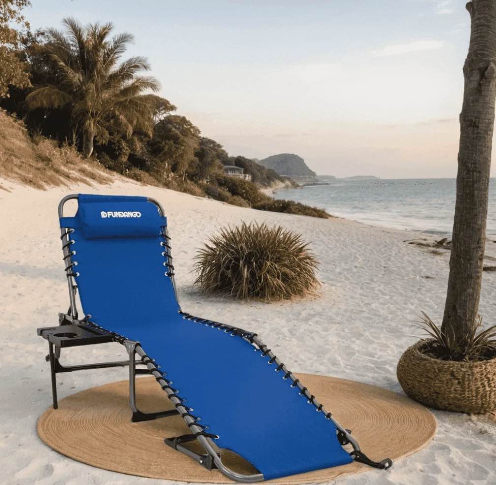 Fundango Camping Chairs Folding Chaise Lounge 5-Positions Reclining Lawn Chair with Side Table&Pillow for Beach Pool Patio Blue