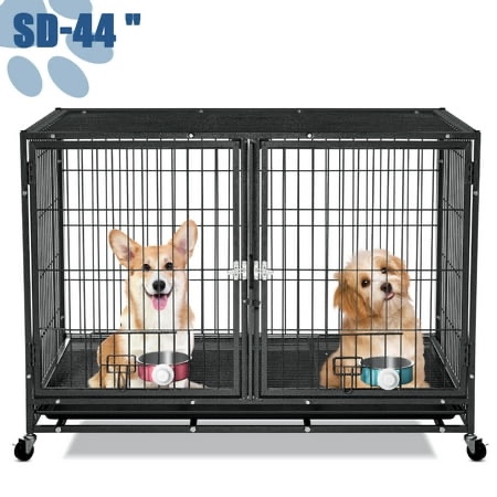 suchown heavy duty dog crate – 44 inch escape-proof steel cage for small to large dogs, stackable metal kennel with double door, lockable wheels, removable tray & feeding bowls, indoor/outdoor use
