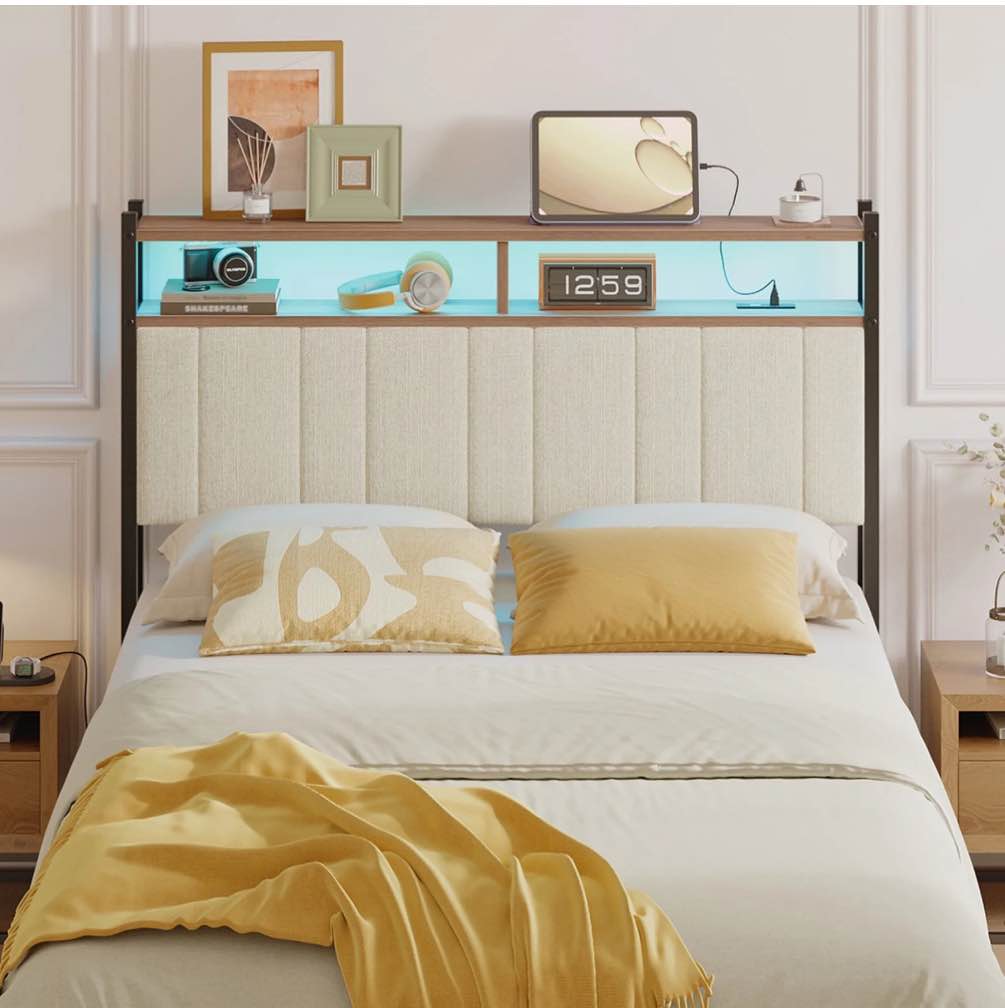 pinmoco upholstered headboard for full bed with storage, linen head board with led light and charging station, beige, headboard only